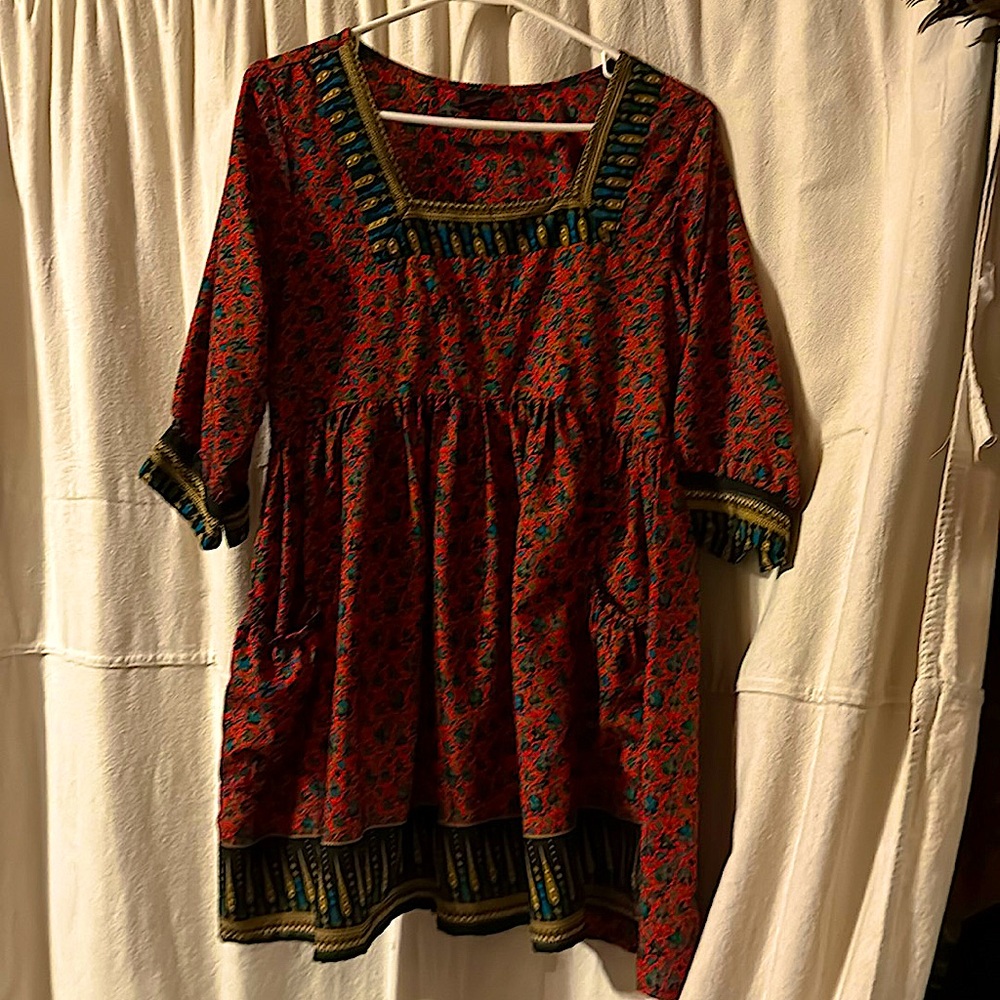 3/4 sleeve polyester, baby doll dress with pockets, Indian print
